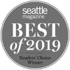 This image shows a circular gray badge labeled "Seattle magazine Best of 2019 Readers' Choice Winner."