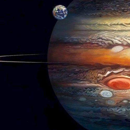 An artistic depiction of Jupiter with its Great Red Spot, small Earth in the background, and some of its moons in space.