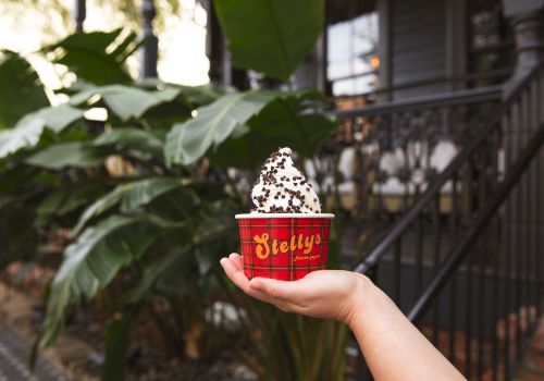 A hand holds a red cup labeled "Bielly" topped with a generous swirl of cookies and cream ice cream, outdoors with green plants in the background.