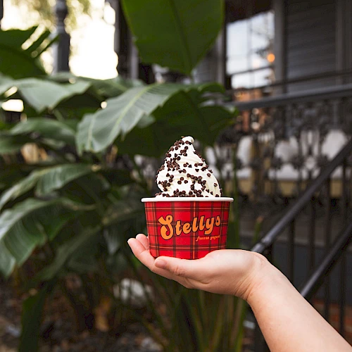 A hand holds a red cup labeled "Bielly" topped with a generous swirl of cookies and cream ice cream, outdoors with green plants in the background.