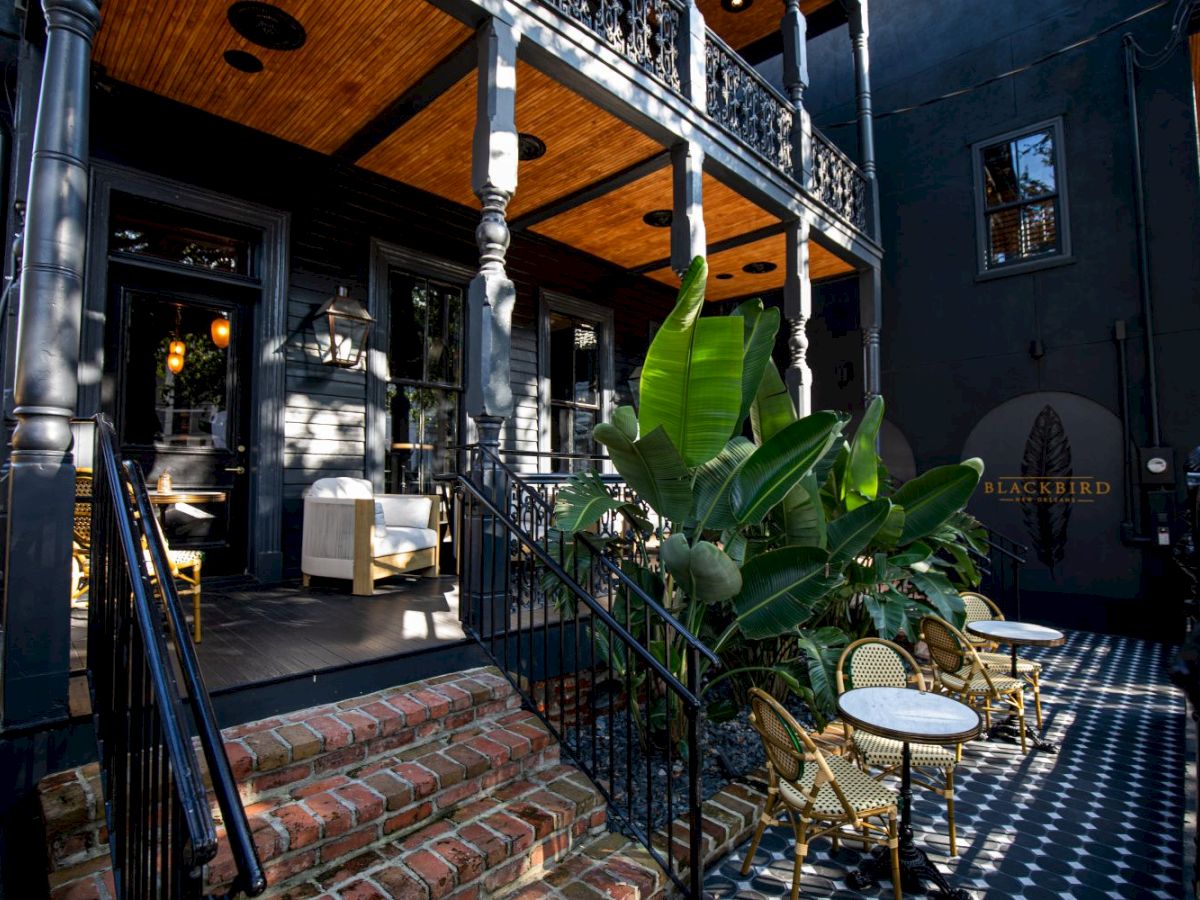 Sunlit courtyard patio with chairs, railing, and a big green banana plant by an entrance marked &ldquo;Blackbird.&rdquo;