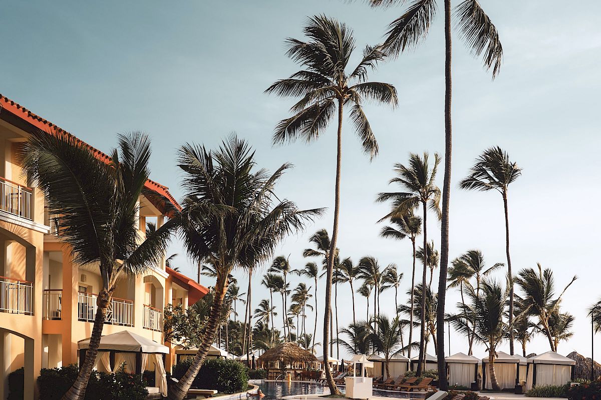 The image shows a resort with a pool, lined by lounge chairs and surrounded by palm trees, under a clear sky.